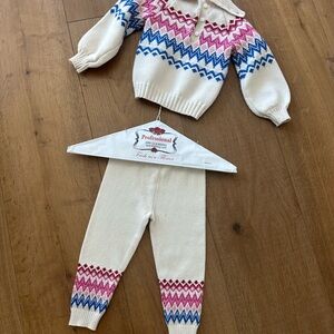 Janie and Jack Cream Knit Sweater and Legging Set with Pink and Blue Fair Isle